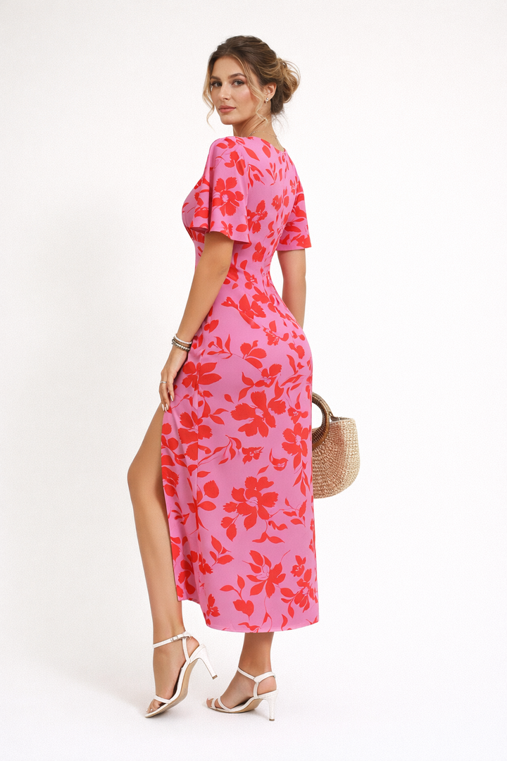 Vestito lungo donna floreale rosa con spacco laterale, scollo a V profondo, perfetto per primavera ed estate.