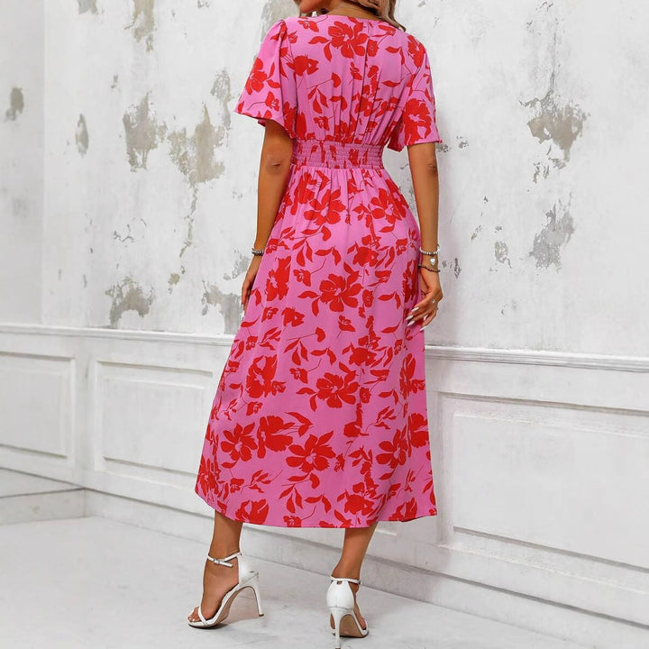 Abito maxi donna rosa floreale, scollo V, maniche a farfalla, estivo ed elegante, per look primavera/estate.