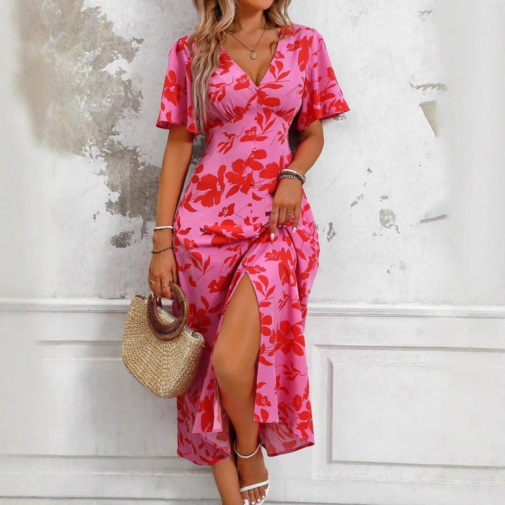 Elegante abito maxi donna floreale rosa con scollo a V sensuale, maniche a farfalla, vestito estivo da sera.