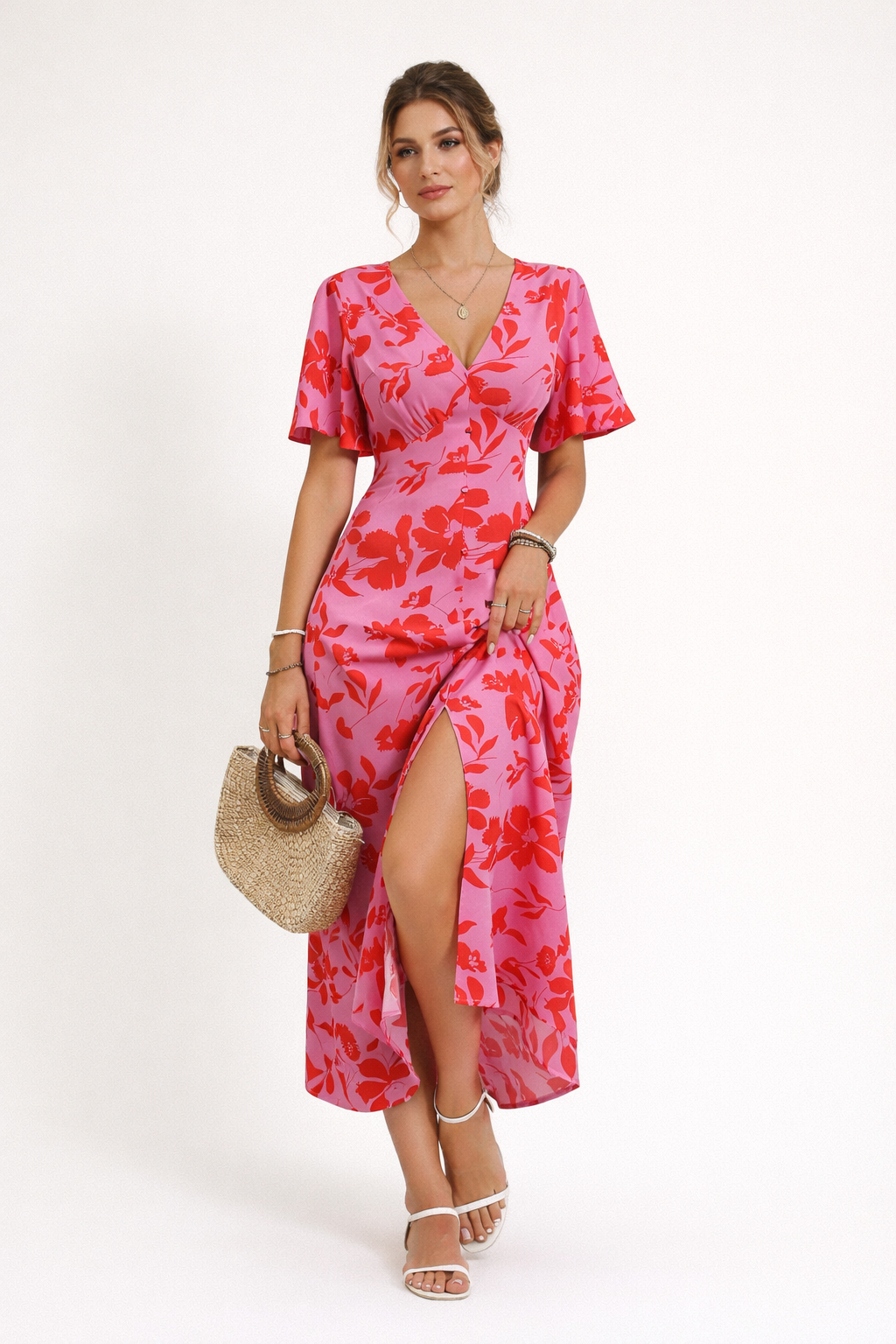 Abito maxi donna floreale estivo rosa con scollo a V e maniche a farfalla, elegante per party o casual.