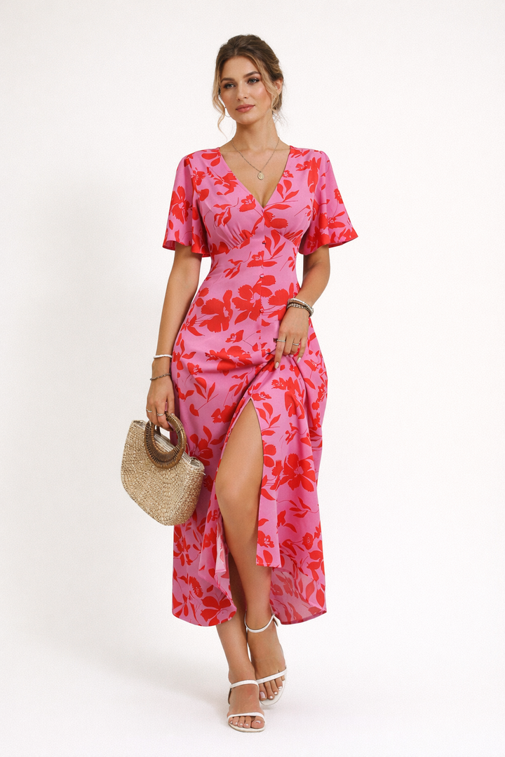 Abito maxi donna floreale estivo rosa con scollo a V e maniche a farfalla, elegante per party o casual.