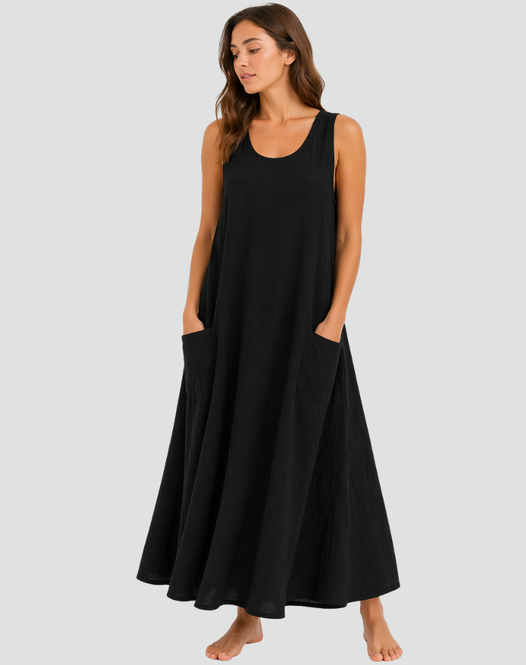 Abito lungo donna estivo, comoda vestibilità ampia, girocollo, ideale per un look casual e confortevole.