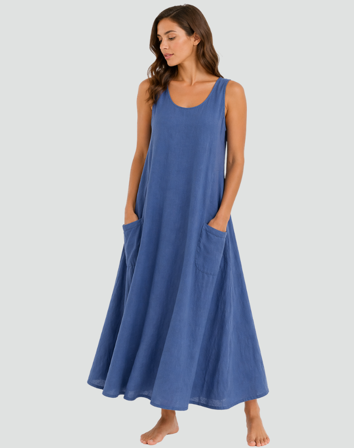 Maxi abito donna confortevole, stile versatile, con tasche, perfetto per giornate estive e look casual.