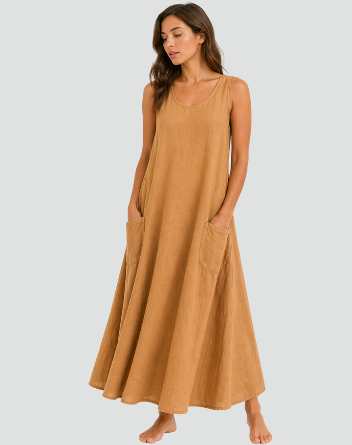Abito maxi estivo da donna, girocollo, vestibilità comoda e ampia, per un look casual versatile.
