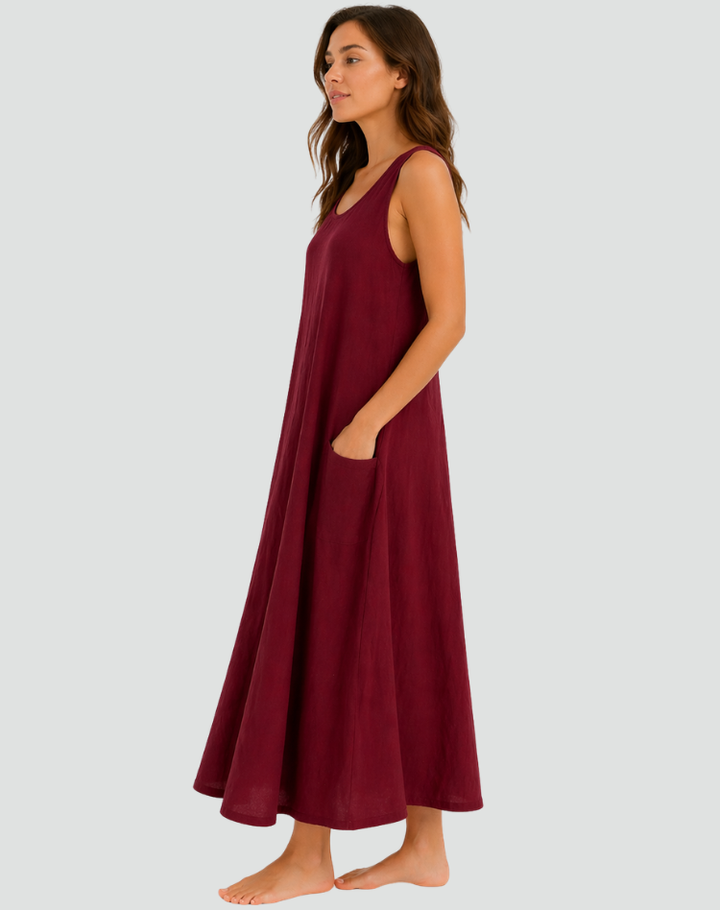 Moda mare: Abito lungo donna estivo, senza maniche, con tasche, ideale per un look fresco e disinvolto.