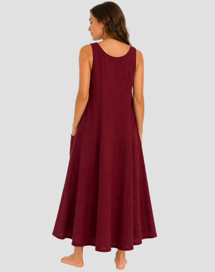 Abito donna estivo, vestito lungo e ampio, senza maniche, con tasche, perfetto per comfort e stile casual.