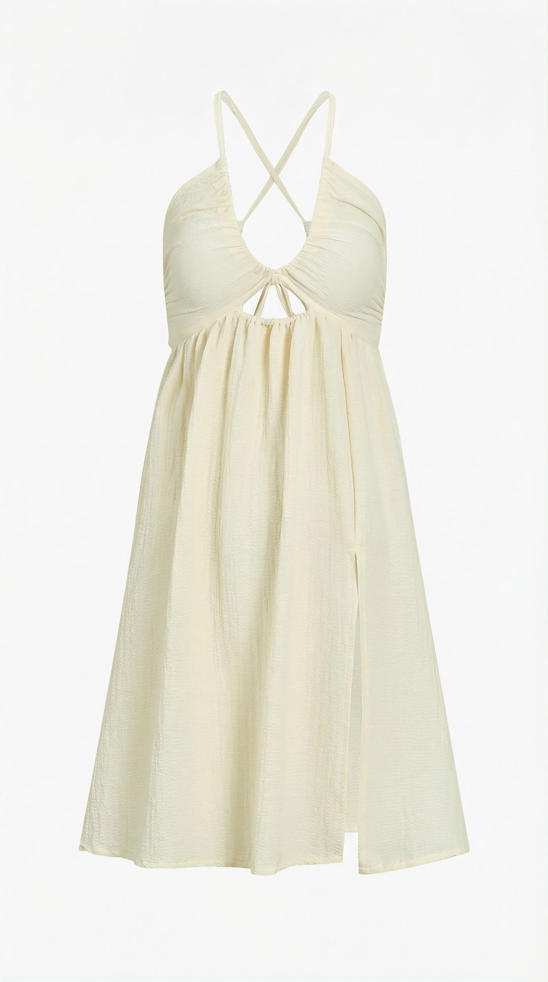 Abito sensuale midi donna beige, collo all'americana e cut-out. Vestito elegante per primavera/estate e cerimonie.