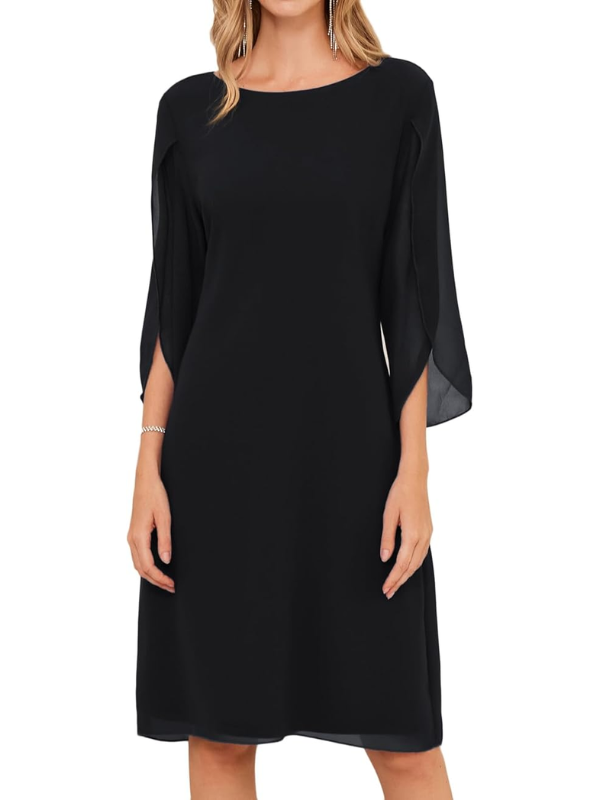 Elegante abito da cerimonia midi donna, con maniche a strati fluide. Vestito chic per eventi primavera estate.