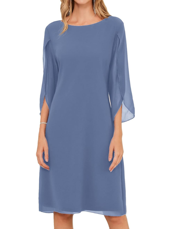 Abito midi da donna elegante con maniche a strati fluide, perfetto per cerimonie primavera estate. Look chic.