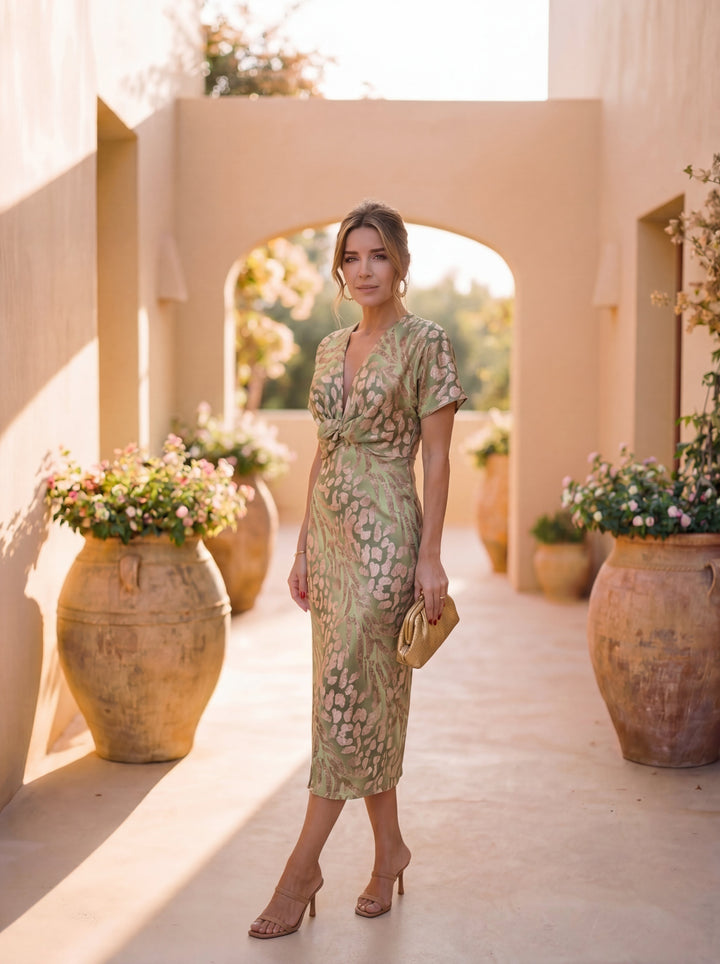 Vestito midi donna beige con distintivo nodo twist e raffinata stampa animalier metallica. Perfetto per eventi speciali.