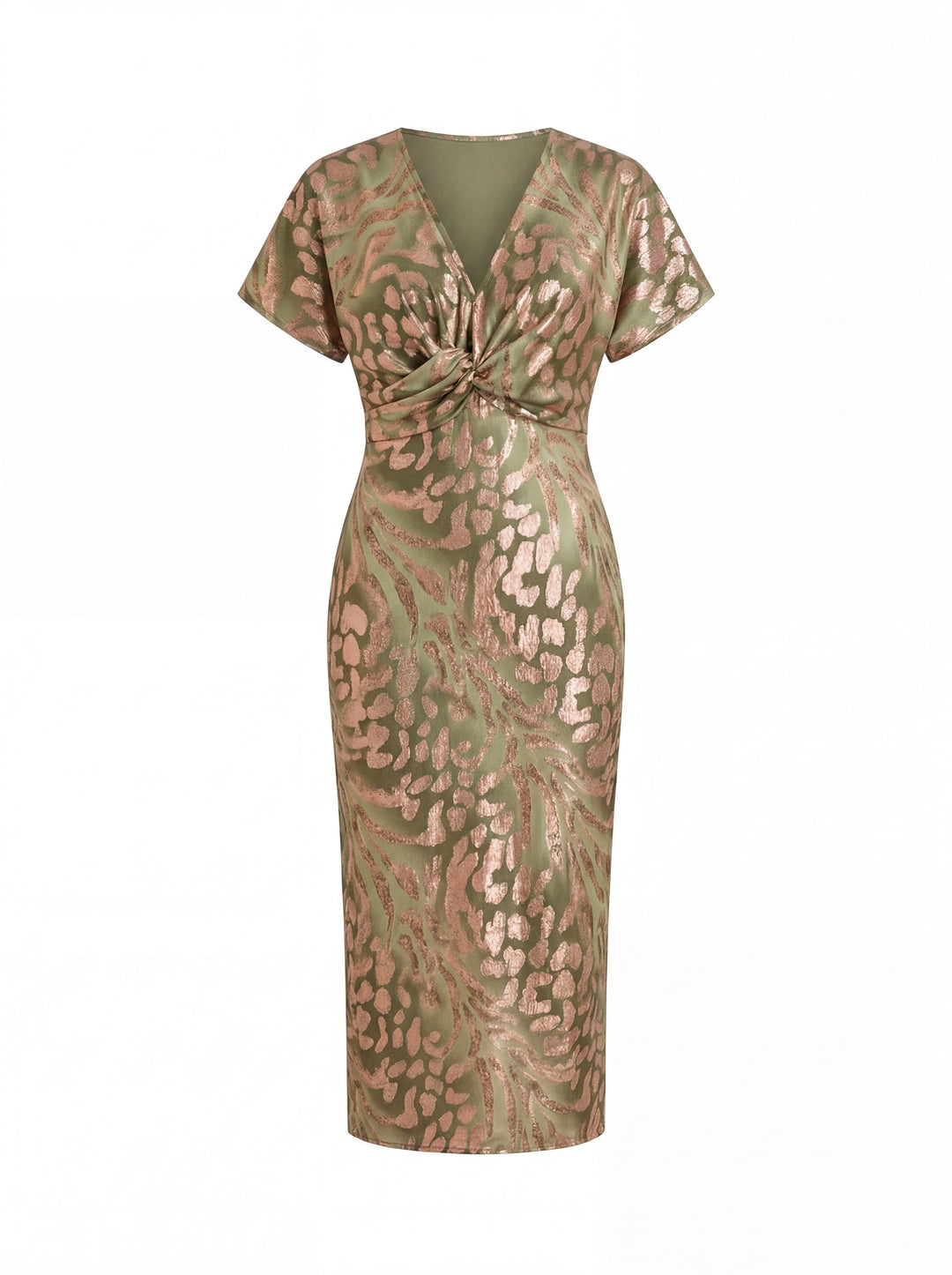 Abito midi donna beige con nodo twist e stampa animalier metallica. Ideale vestito elegante per serate o cocktail.