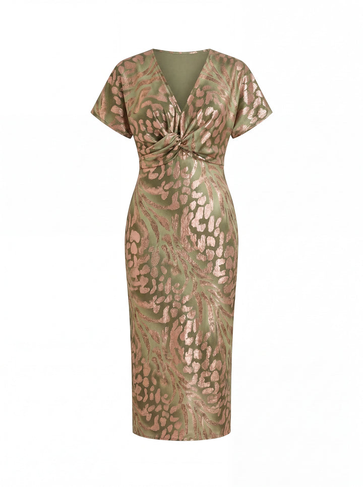 Abito midi donna beige con nodo twist e stampa animalier metallica. Ideale vestito elegante per serate o cocktail.