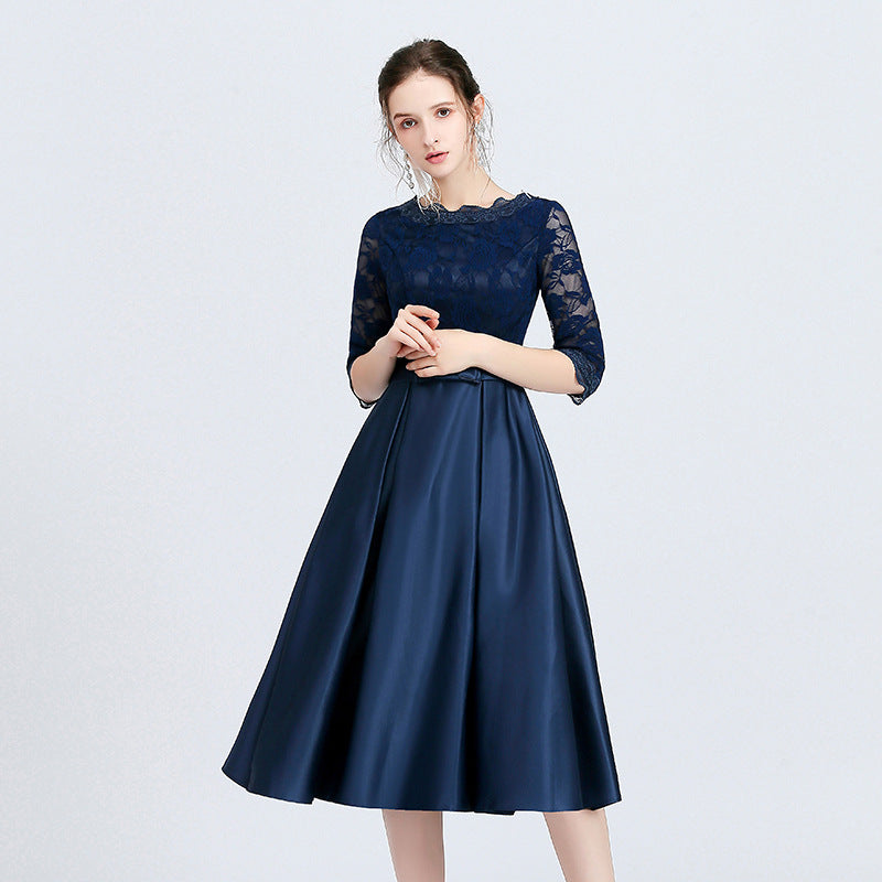 Vestito midi donna blu scuro elegante, a linea A, per serate di gala e eventi formali.