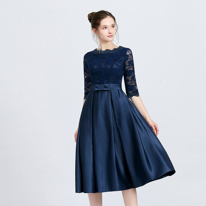 Elegante abito midi donna blu scuro, linea A, ideale per cerimonie e serate formali con stile.