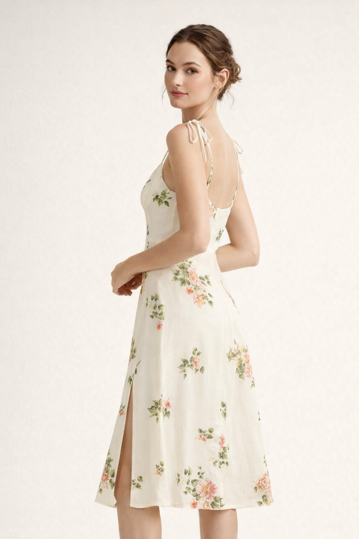 Vestito estivo donna midi elegante floreale, perfetto per look casual o cerimonia in primavera.