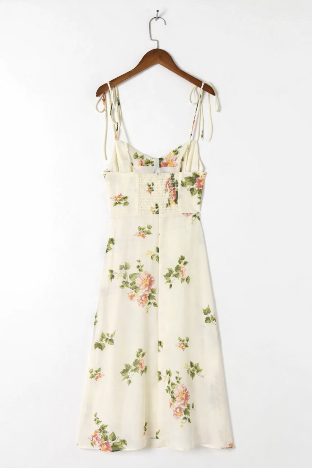 Elegante abito midi donna floreale primaverile con allacciatura. Stampa romantica, perfetto per l'estate.