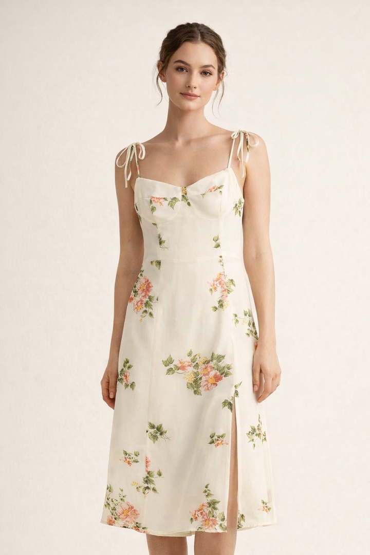 Abito midi donna floreale con stampa romantica per primavera/estate. Elegante e versatile.
