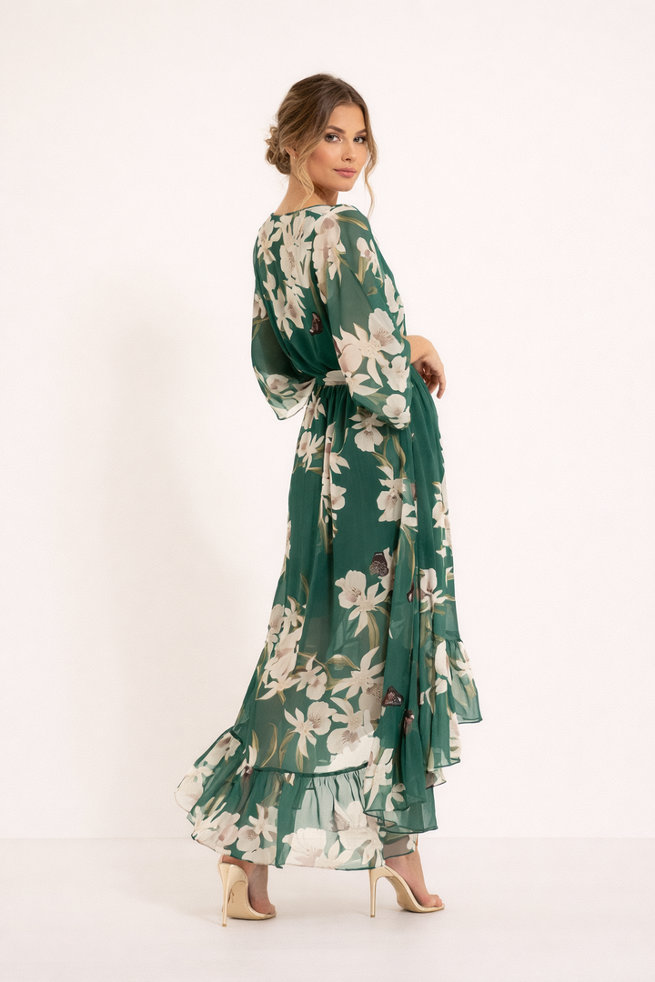 Vestito midi donna floreale elegante con scollo a V e maniche a palloncino, orlo asimmetrico e volant.