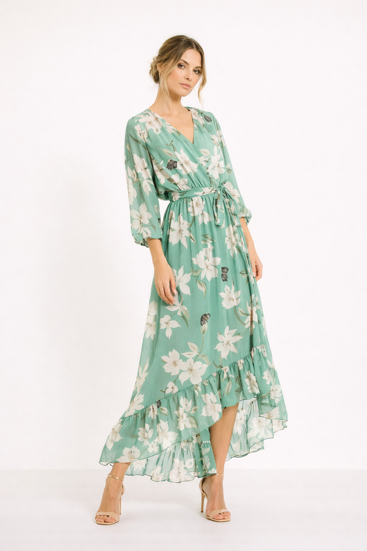 Abito midi floreale da donna per cerimonia/festa, stile asimmetrico con volant. Stampa vivace ed elegante.