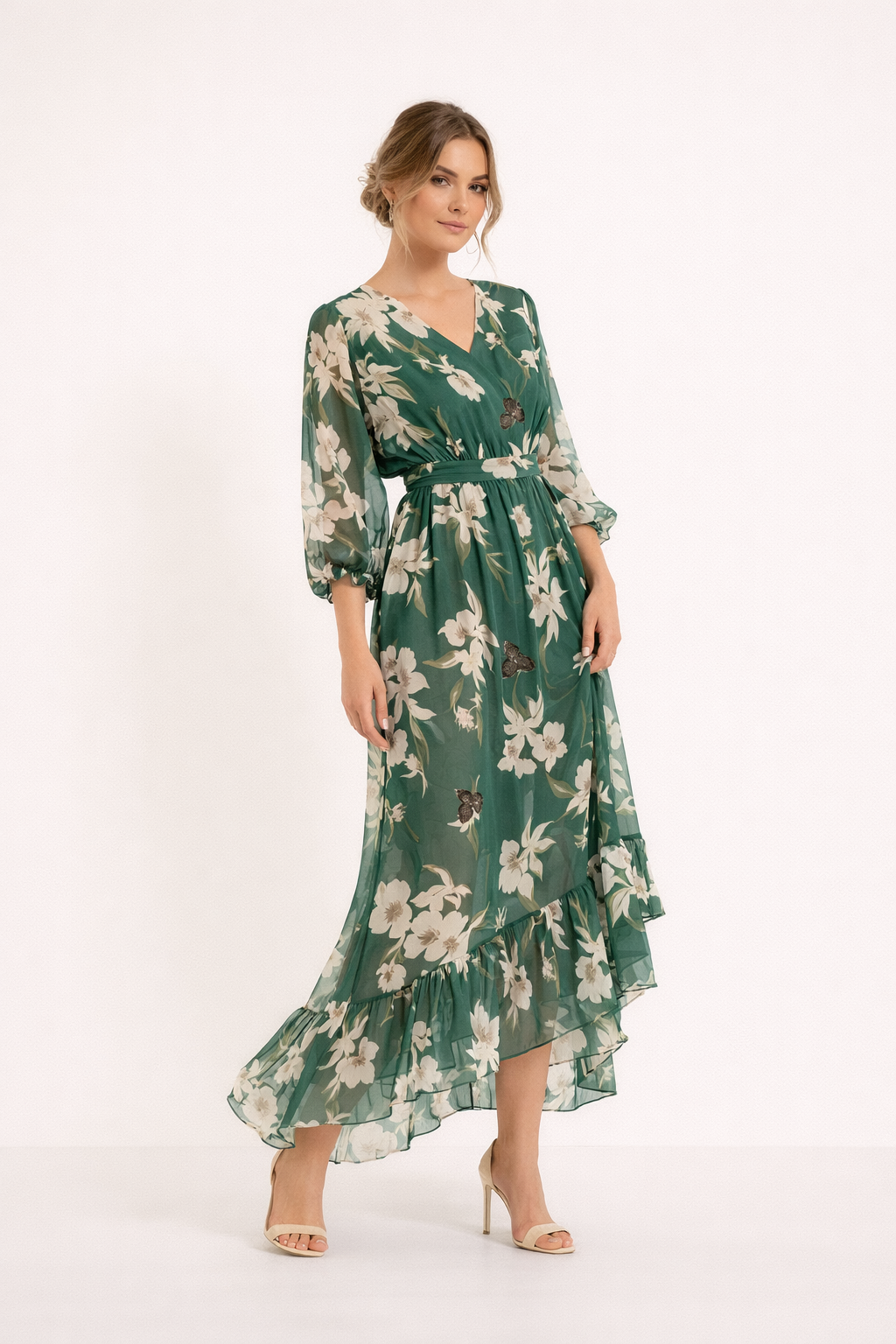 Abito midi donna floreale asimmetrico con volant. Perfetto per primavera/estate ed eventi eleganti.