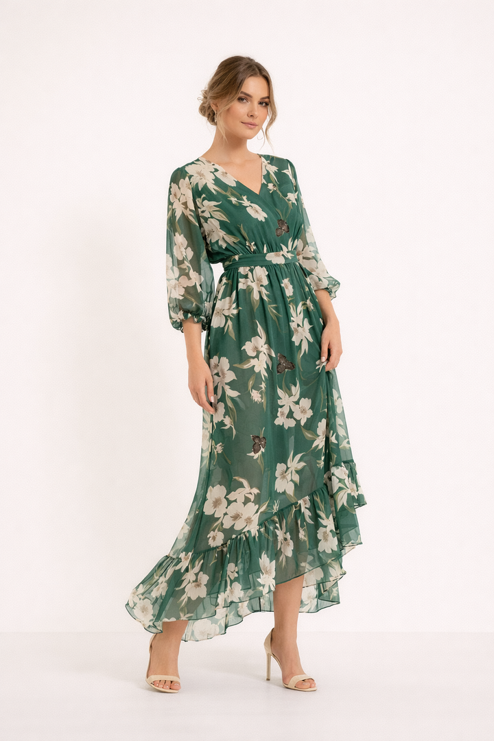 Abito midi donna floreale asimmetrico con volant. Perfetto per primavera/estate ed eventi eleganti.