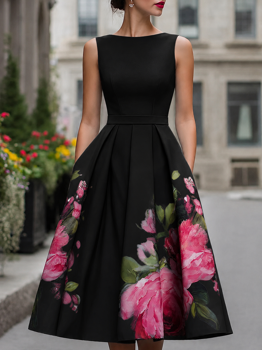 Abito midi donna floreale senza maniche con gonna a ruota, elegante per primavera/estate e cerimonie.