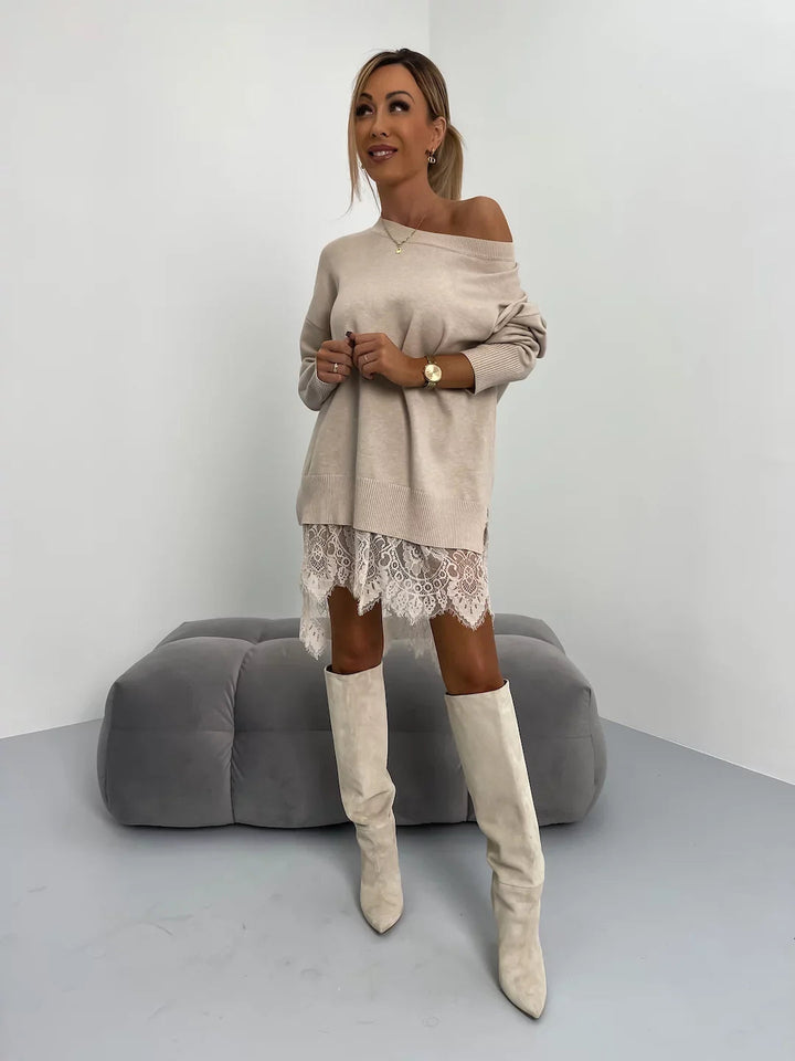 Abito mini donna oversize stile maglione con orlo romantico in pizzo. Perfetto per autunno e inverno.