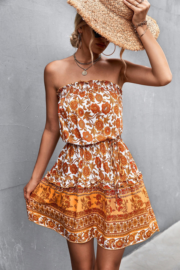 Abito estivo floreale boho chic senza spalline da donna. Perfetto come vestito mini casual o elegante per primavera/estate.