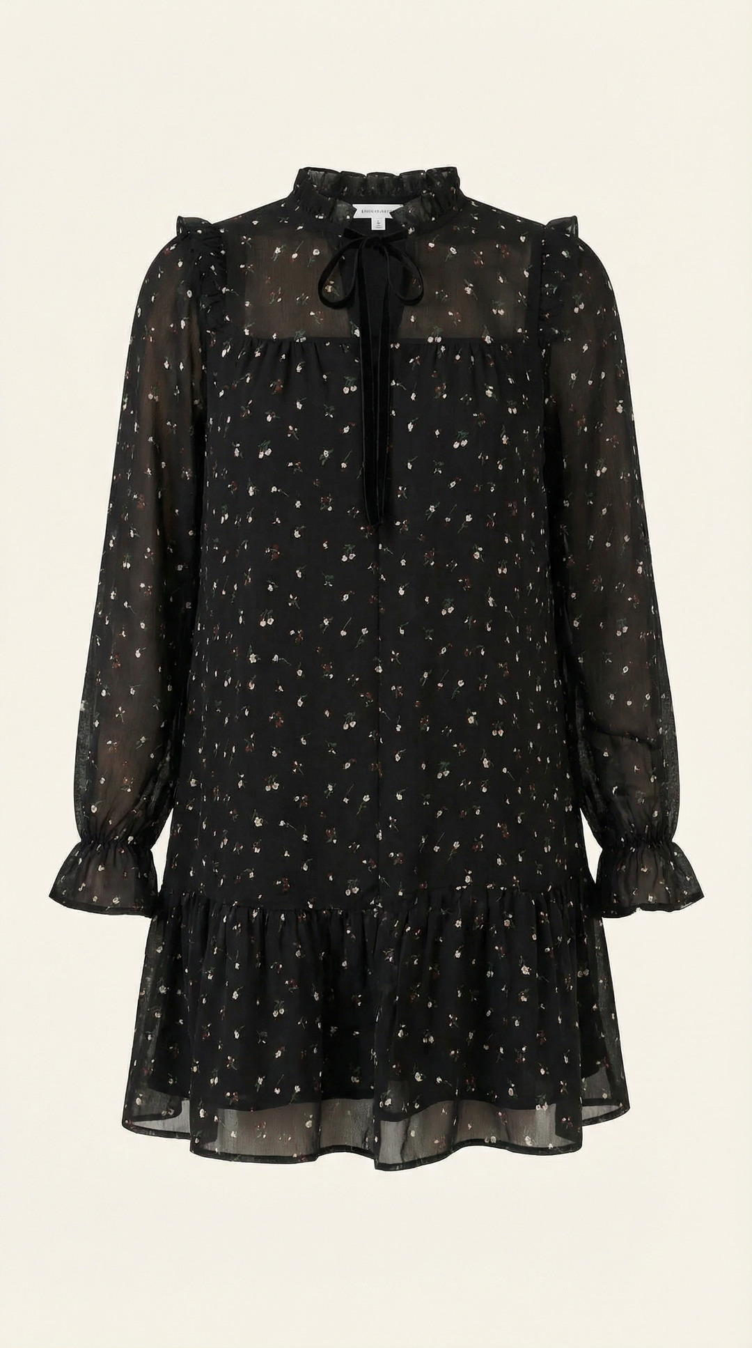 Mini abito elegante nero da donna con fiocco, volant e maniche lunghe, ideale per occasioni speciali.