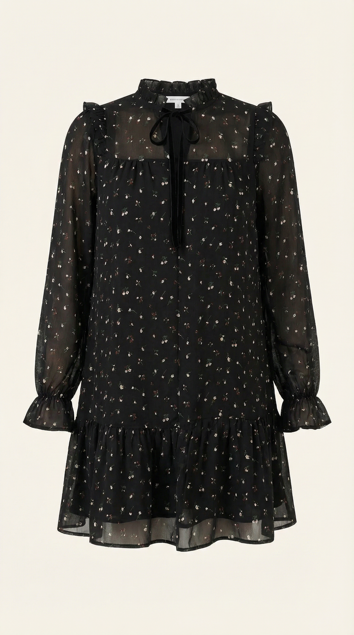 Mini abito elegante nero da donna con fiocco, volant e maniche lunghe, ideale per occasioni speciali.