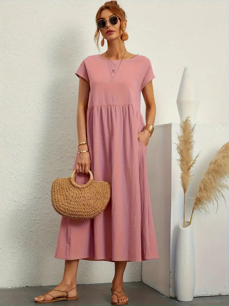 Abito tascabile donna midi, vestito comodo con vestibilità fluida, versatile per outfit casual ed eleganti.