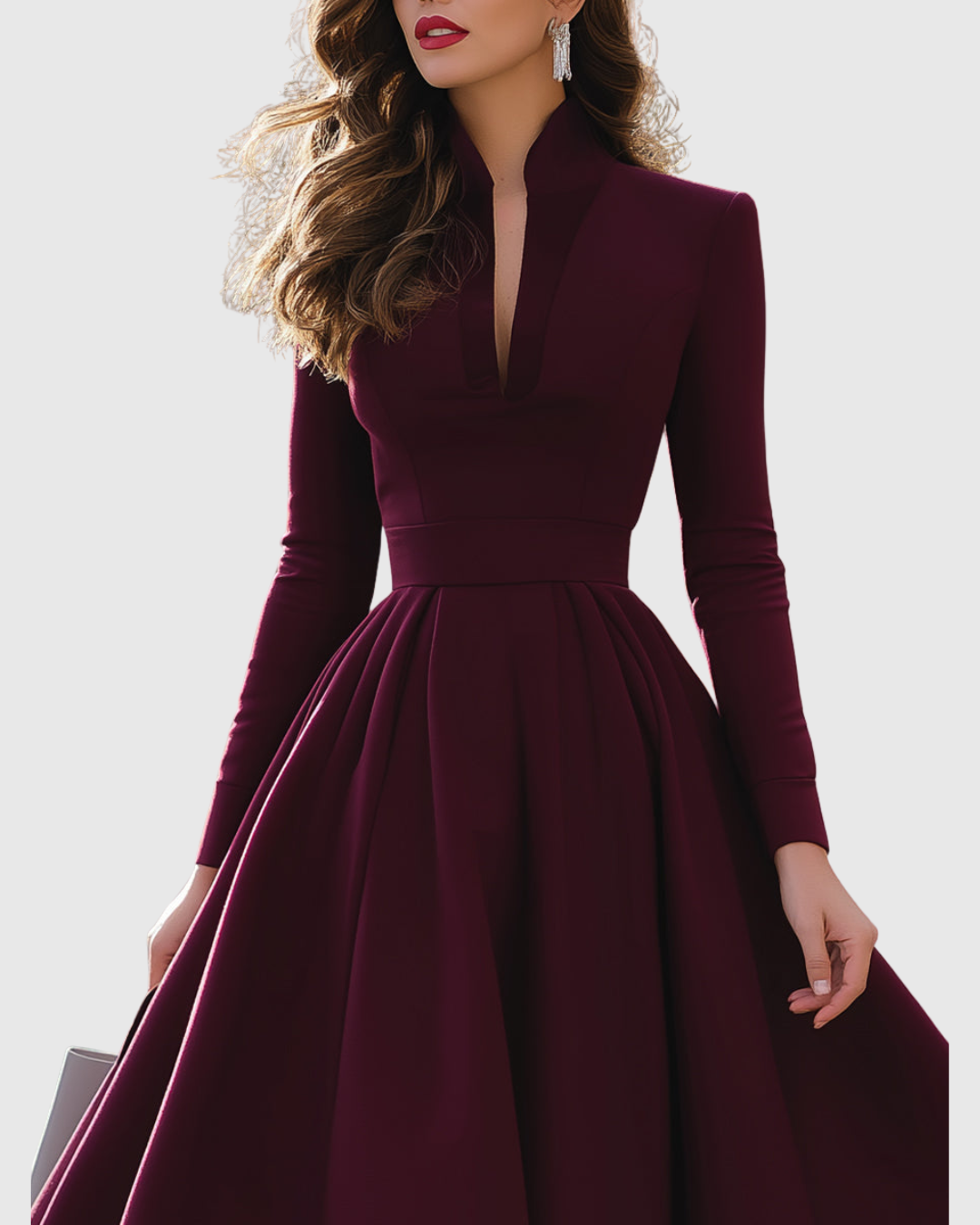 Vestito midi donna rosso scuro con vita definita e gonna svasata, ideale per look eleganti e classici.