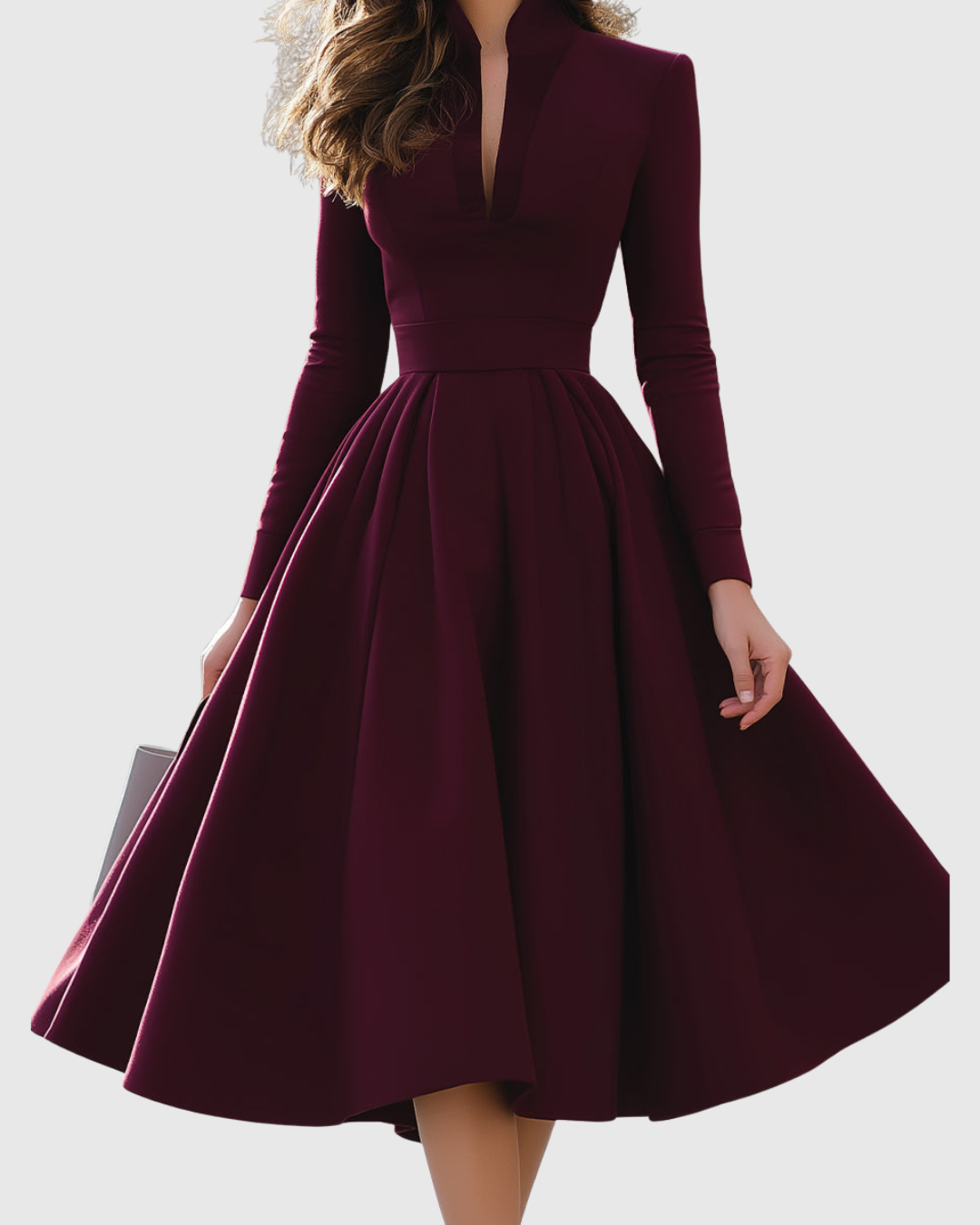 Abito midi donna elegante rosso scuro, scollo a V e maniche lunghe. Gonna svasata e vita definita per ogni occasione.