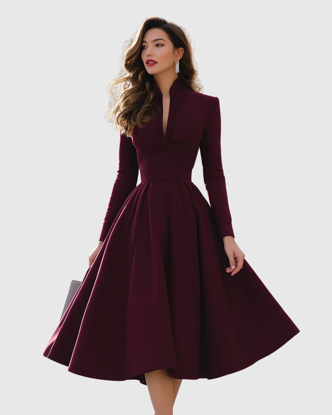 Abito midi donna elegante rosso scuro con scollo a V, maniche lunghe e gonna svasata. Vita sottile.