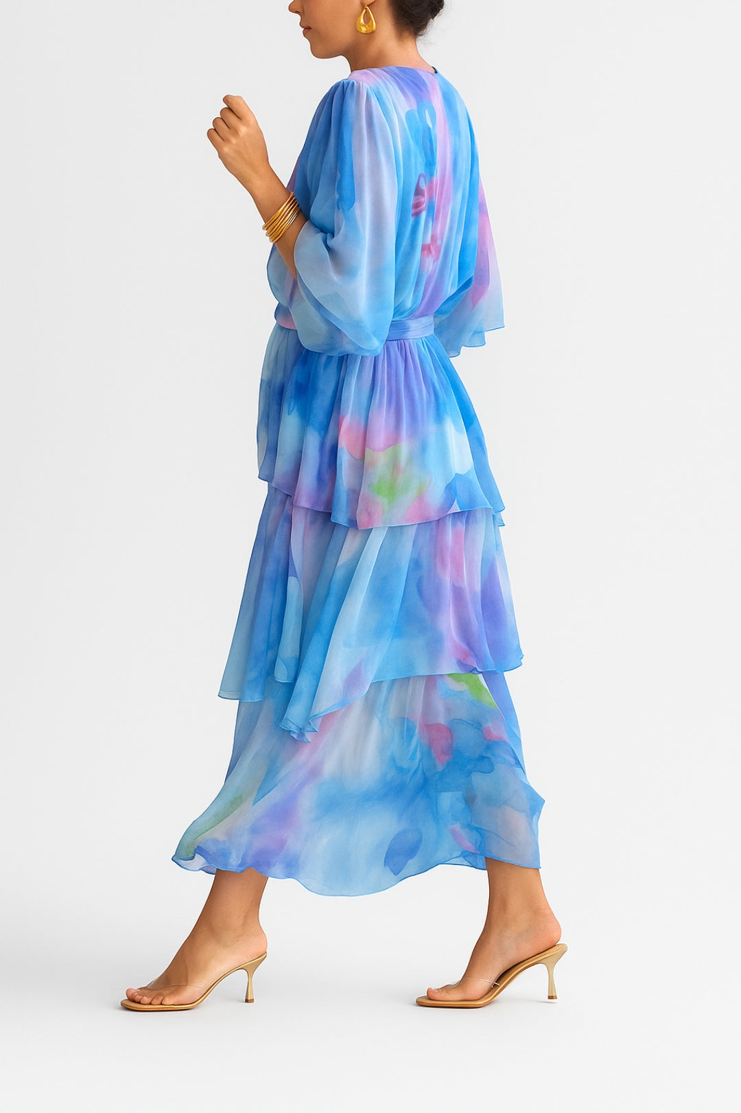 Vestito a portafoglio midi da donna, stampa acquerello astratta, elegante e versatile per look casual chic.