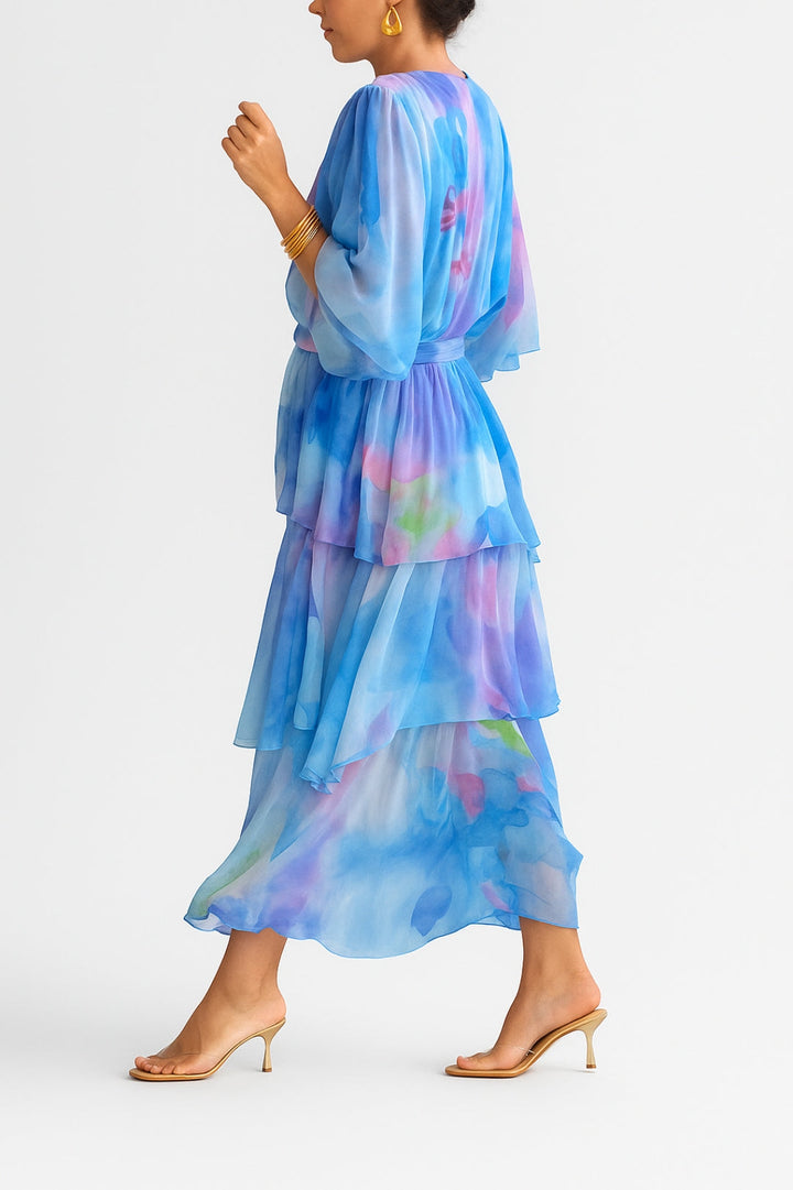 Vestito a portafoglio midi da donna, stampa acquerello astratta, elegante e versatile per look casual chic.