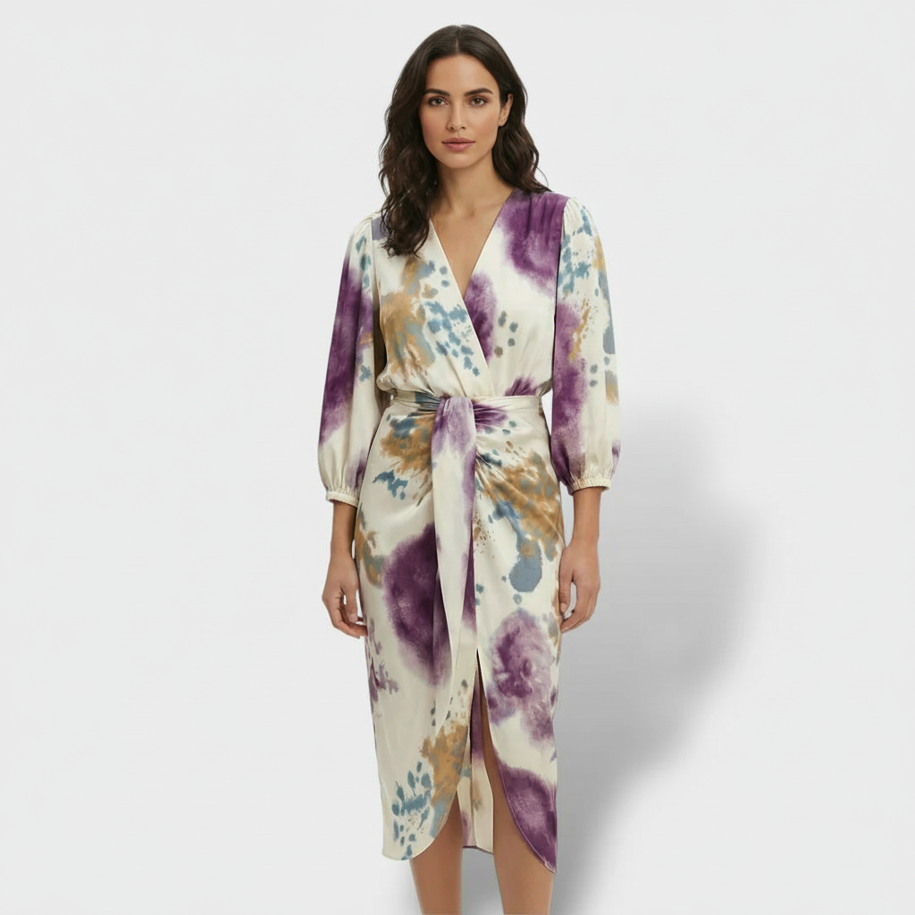 Abito elegante midi donna due pezzi scollo a V, ideale per cerimonia e festa, look sofisticato.