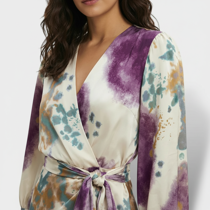 Abito midi donna due pezzi elegante con scollo a V e fantasia a lunares, vestito chic per cerimonia.