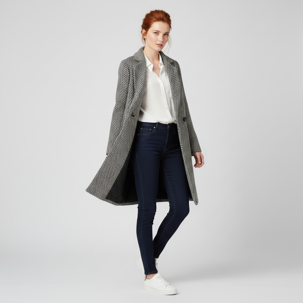 Cappotto invernale donna doppiopetto a quadri nero/bianco, con revers ampi, ideale per un look elegante e di moda.