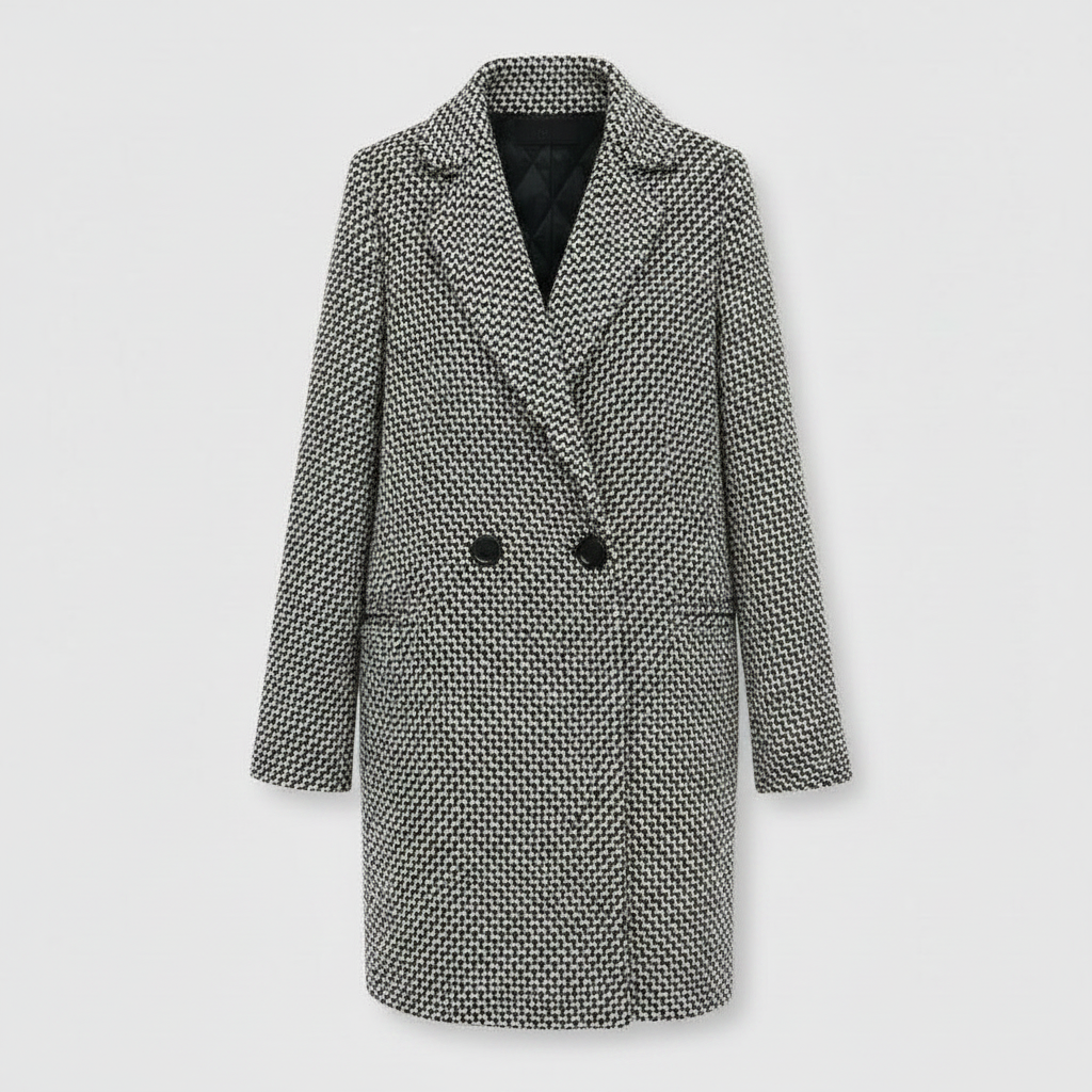 Cappotto da donna lungo a quadri, motivo nero e bianco, stile doppiopetto con revers, capo moda invernale.