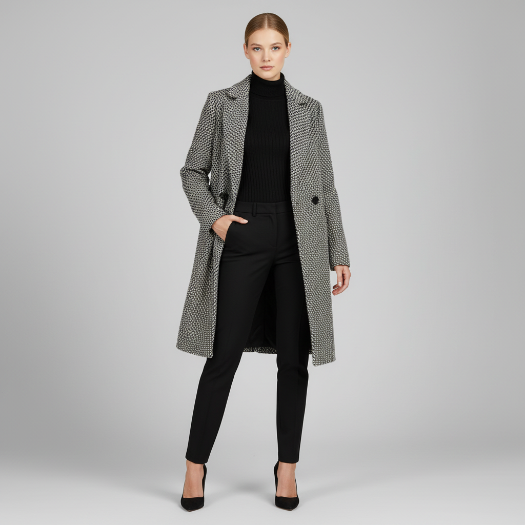Elegante cappotto donna invernale a quadri bianchi e neri, taglio lungo doppiopetto con revers pronunciati.
