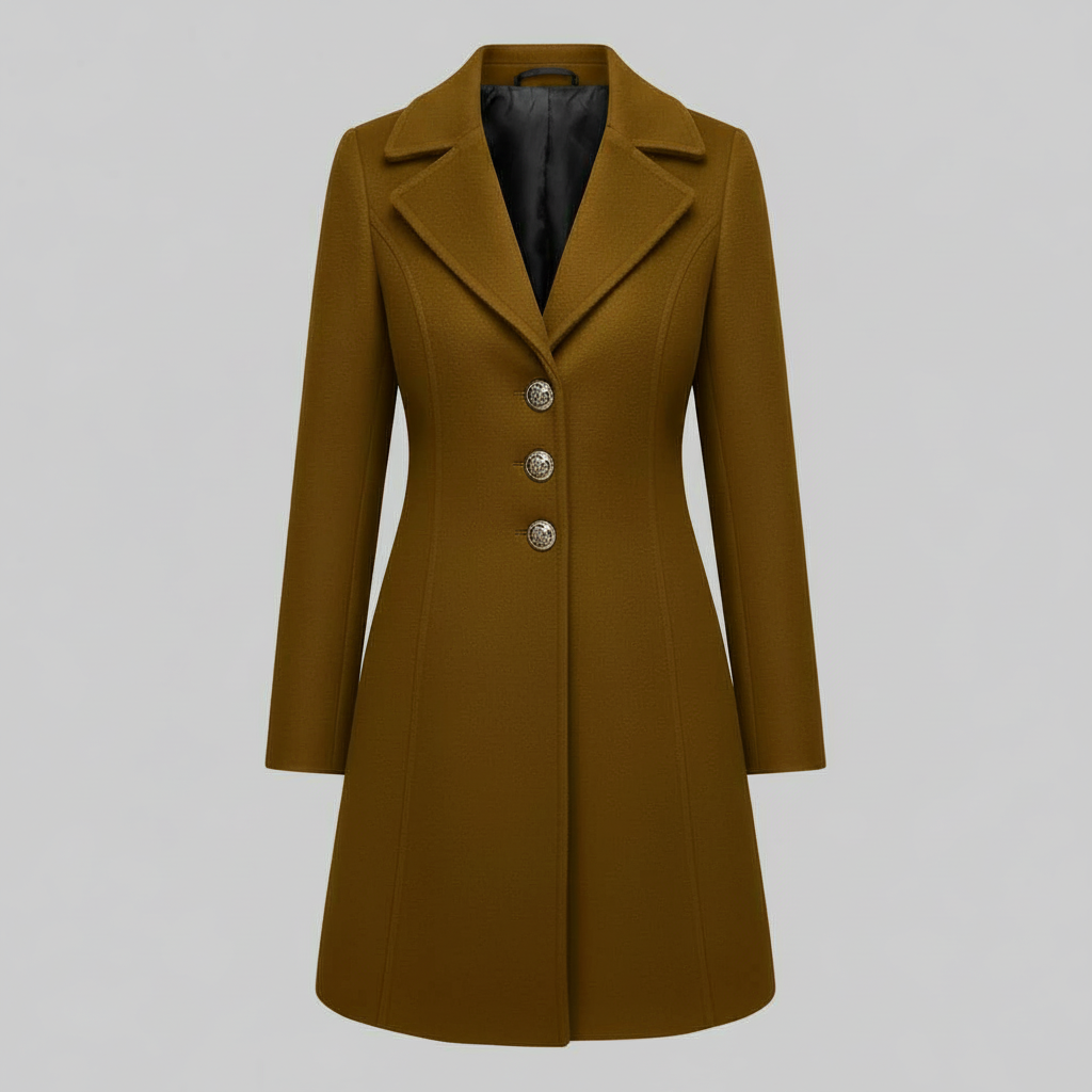 Cappotto lungo donna per autunno inverno. Moda femminile, abbigliamento esterno elegante con bottoni e revers.