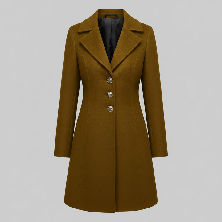 Cappotto lungo donna per autunno inverno. Moda femminile, abbigliamento esterno elegante con bottoni e revers.