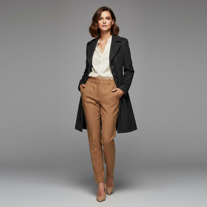 Elegante cappotto lungo donna grigio, ideale per autunno inverno. Capospalla con bottoni e colletto a revers.