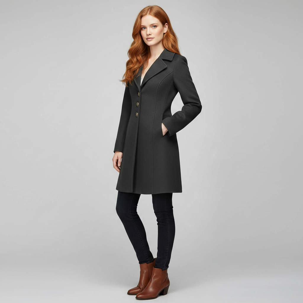 Cappotto lungo donna nero, stile ufficio, con bottoni e collo a revers. Capospalla elegante autunno inverno.
