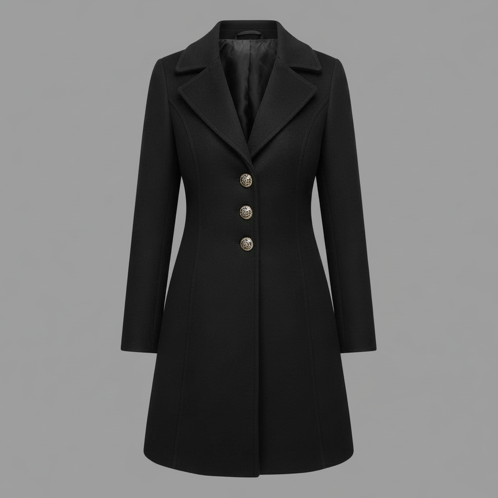 Cappotto lungo donna con bottoni e colletto a revers, capospalla elegante per stile ufficio autunno inverno.