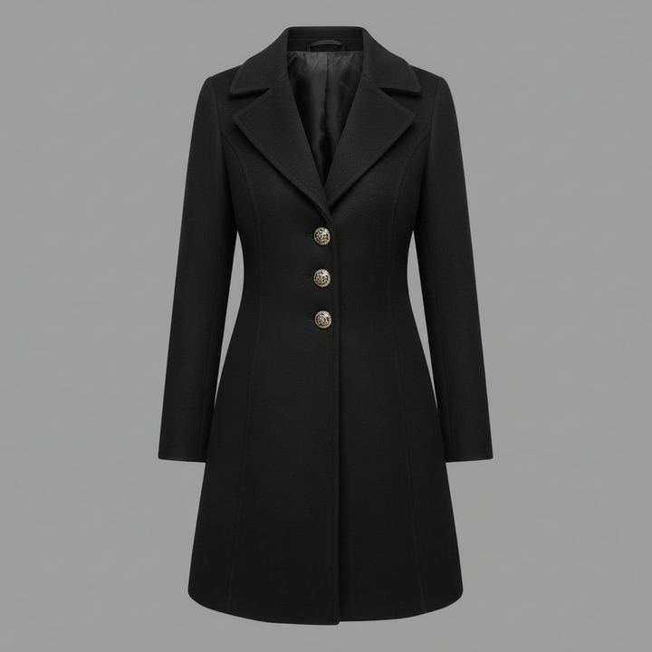 Cappotto lungo donna con bottoni e colletto a revers, capospalla elegante per stile ufficio autunno inverno.