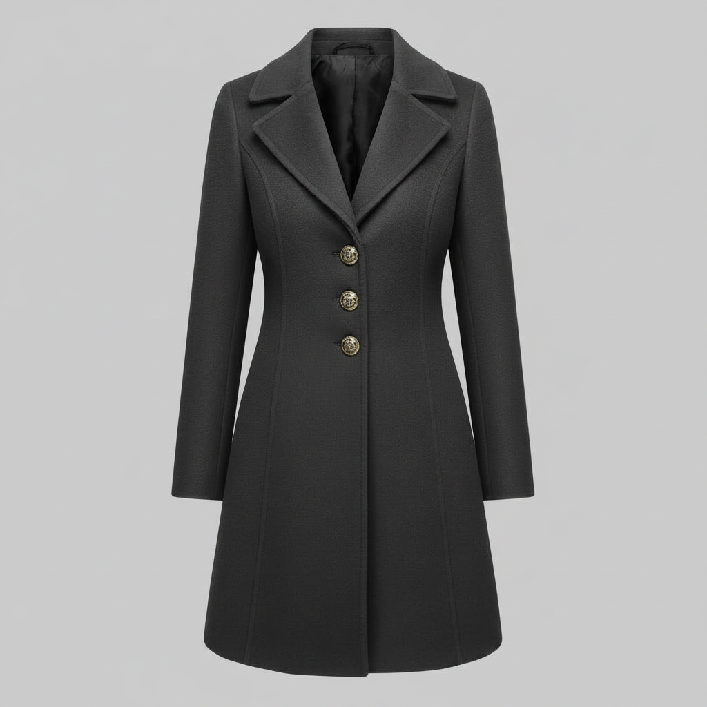 Lungo cappotto donna, capospalla elegante per autunno inverno. Abbigliamento femminile con bottoni e collo a revers.