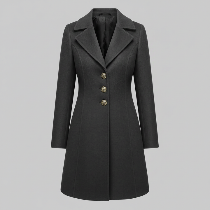 Lungo cappotto donna, capospalla elegante per autunno inverno. Abbigliamento femminile con bottoni e collo a revers.