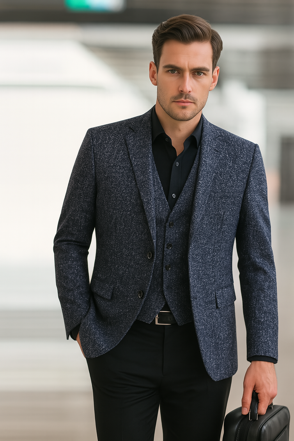 Giacca blazer slim fit uomo, ideale per abbigliamento smart casual o business, stile moderno.